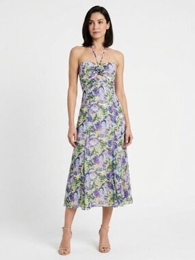 *Likely Printed Midi Dress Deep Lavender Blue Halter Shift Dress Size 8